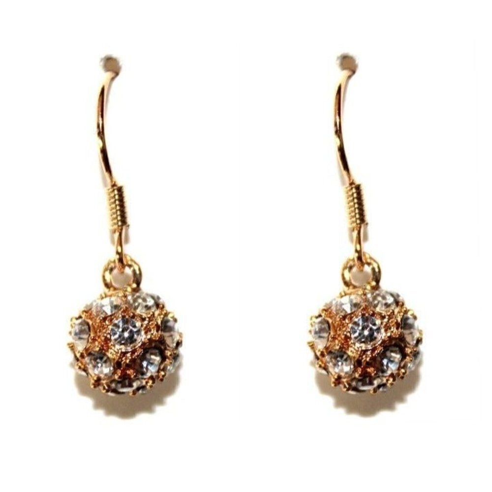Bridal Sphere Classic Ball Goldtone Crystal Clear Drop Fish Hook Style Earrings
